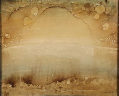 une peinture abstraite représentant un paysage brun et blanc parsemé de cercles