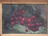 painting of a bunch of cherries on a leaf with a gold frame