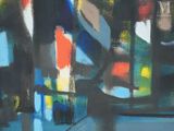 abstract painting of a city street with traffic lights in the distance