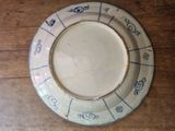 a white plate with blue and white designs on it