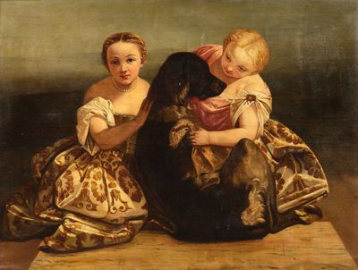 tableau représentant deux jeunes filles avec un chien et un chat