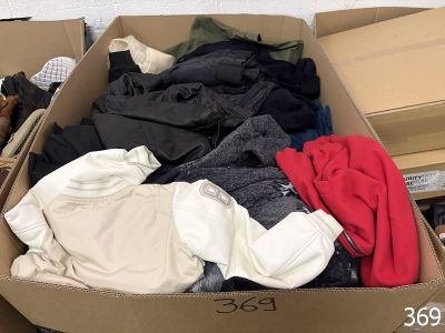 a box full of clothes that is sitting on the floor