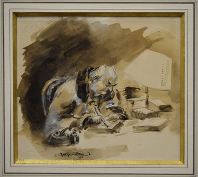 un tableau représentant un chien assis par terre