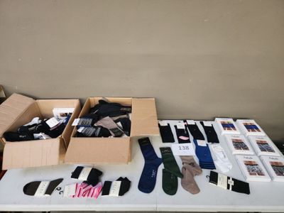 une table sur laquelle sont posés un tas de chaussettes et d'autres objets