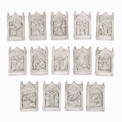 a set of twelve white marble sculptures depicting the life of jesus