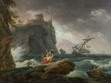 an image of a painting of people in a boat on a rocky coast