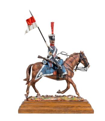 statue of a man on a horse with a flag on a white background