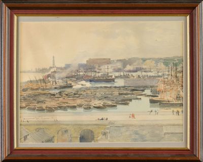 une image d'une peinture représentant une scène de port avec des bateaux dans l'eau