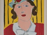 tableau représentant une femme coiffée d'un chapeau bleu et ornée de fleurs sur la tête