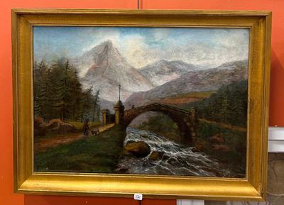 un tableau représentant un pont enjambant une rivière, avec une montagne en arrière-plan