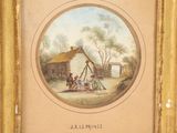 a picture of a painting of a family outside a house