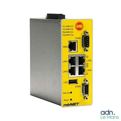 un gros plan d'un commutateur Ethernet jaune sur fond blanc