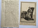 an old paper with a picture of a woman and a dog on it