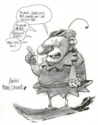 dessin représentant un personnage de bande dessinée sur un snowboard, avec une bulle au-dessus de sa tête