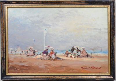 une peinture à l'huile représentant une scène de plage avec des personnes et des chevaux