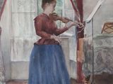 a painting of a woman playing a violin in a living room