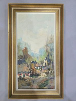 une peinture à l'huile représentant une scène de vie à la ferme, dans un cadre doré, accrochée à un mur bleu