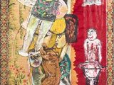 une image représentant un tableau où figurent un homme et une femme sur fond rouge