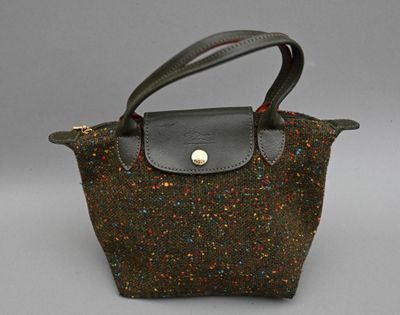 brown and green tweed purse with leather handles