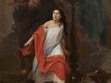un tableau représentant une femme vêtue d'une robe blanche et d'une cape rouge