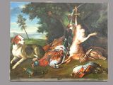 a painting of a dog and a cat playing with a bird