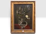 une peinture de fleurs dans un vase en verre sur une table