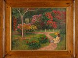 an oil painting of a woman sitting on a path in a garden