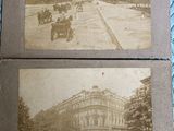 two old black and white photos of a city street with horses and carriages