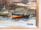 a painting of a boat on the water with a boat in the background