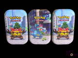 three tins with pokemon characters on them on a black background