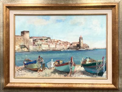 une peinture de bateaux sur la plage au bord de l'eau
