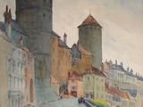 an image of a painting of a city street with a castle in the background