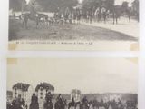 two old black and white photos of horses and people on a dirt road