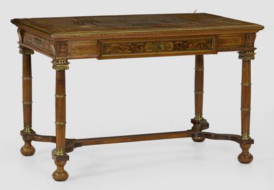 an old wooden table with a drawer on top of it