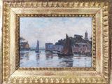 une peinture à l'huile représentant des bateaux dans un port avec des bâtiments à l'arrière-plan