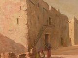 painting of a street scene with a man and a woman in front of a building