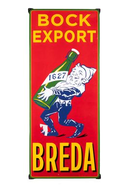 une bannière rouge sur laquelle figure l'image d'un homme tenant une bouteille de bière
