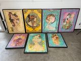 six framed art prints of women in various colors and designs