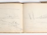 an open book with a drawing of a boat in the water