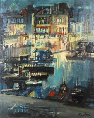 une peinture à l'huile représentant des bateaux amarrés dans un port, la nuit