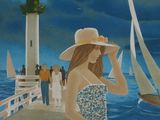a painting of a woman in a dress and hat on a pier