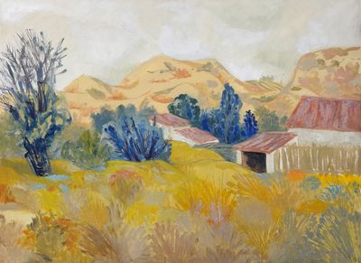 peinture représentant un paysage avec une grange et des arbres au premier plan