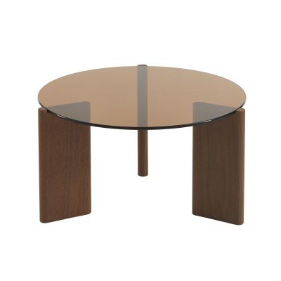 a round glass coffee table with wooden legs and a glass top