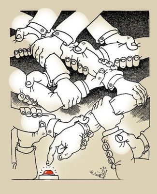 un dessin représentant un groupe de mains qui se tiennent par la main
