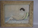 an image of a painting of a nude woman sitting on a bed