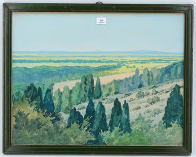 un tableau représentant un paysage avec des arbres et des collines au loin