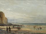 un tableau représentant des personnes et des chevaux sur la plage