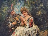 painting of a woman in a dress sitting on a rock with a man in the background