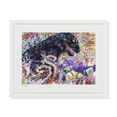 a painting of a black dog sitting on top of a pile of flowers