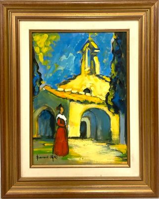 une peinture à l'huile représentant une femme en robe rouge debout devant une église